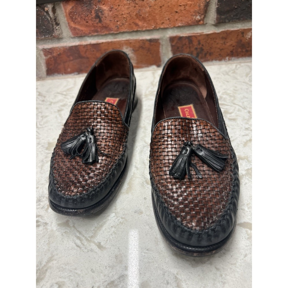 Cole Haan Loafers Tassel Black/Brown Leather Woven Moc Round Toe Sz. 8 AA